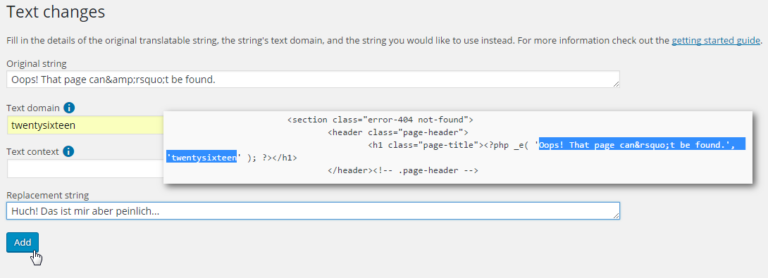 Screenshots: Plugin "Say what?" und Theme-Editor