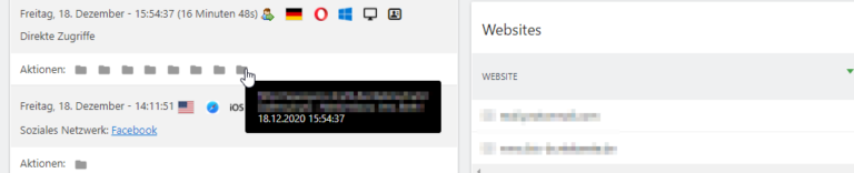 Screenshot aus Matomo: Datum, Uhrzeit, Icons und Direkte Zugriffe/Aktionen