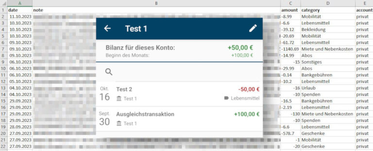 Screenshots: im Hintergrund eine Tabelle mit Spalten date, note, note, amount und account; im Vordergrund die App mit zwei Test-Einträgen -50 Euro für Lebensmittel und +100 Euro