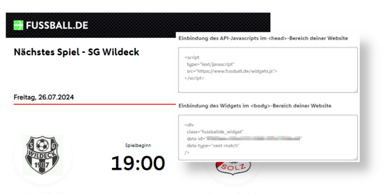 Screenshot-Collage: Widget von fussball.de mit Vereinslogo im Hintergrund, rechts im Vordergrund Widget-Code von fussball.de
