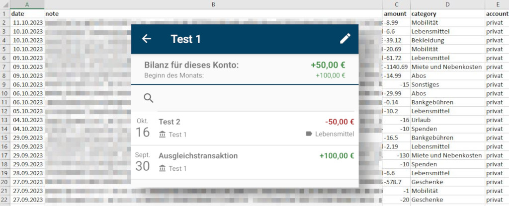 Screenshots: im Hintergrund eine Tabelle mit Spalten date, note, note, amount und account; im Vordergrund die App mit zwei Test-Einträgen -50 Euro für Lebensmittel und +100 Euro