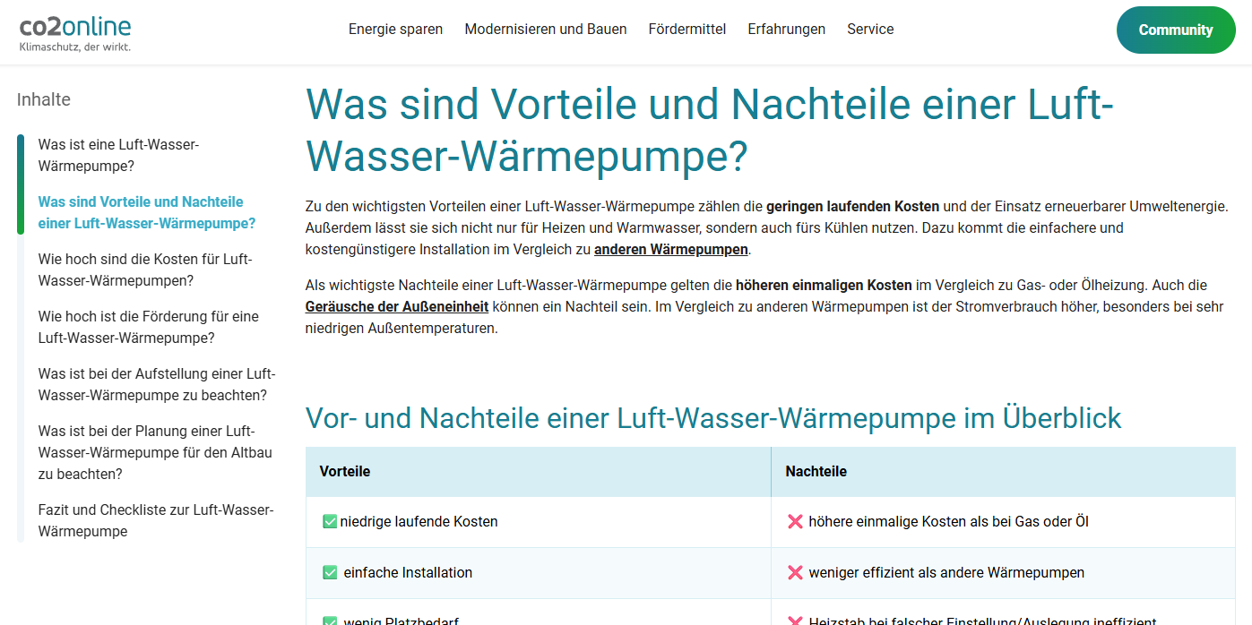 Screenshot eines Artikels von co2online.de über Wärmepumpen: links ein Inhaltsverzeichnis, rechts ein Fließtext und eine Tabelle mit Vorteilen und Nachteilen von Luft-Wasser-Wärmepumpen