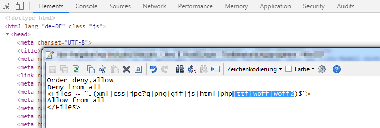 Screenshot: Editor mit einigen Zeilen aus der htaccess-Datei, im Hintergrund Google Chrome DevTools